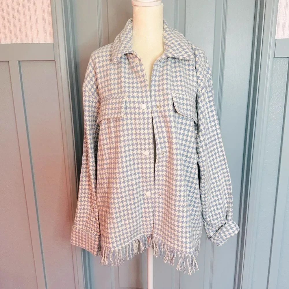 Shero Houndstooth Tassel Trim Blue and White Fringe Shacket Jacket - Picture 2 of 13